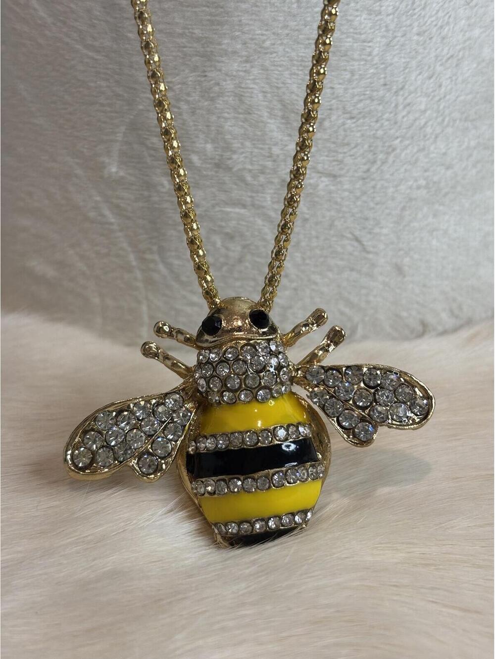 Gold Tone Bee Pendant Necklace with Rhinestones and Enamel